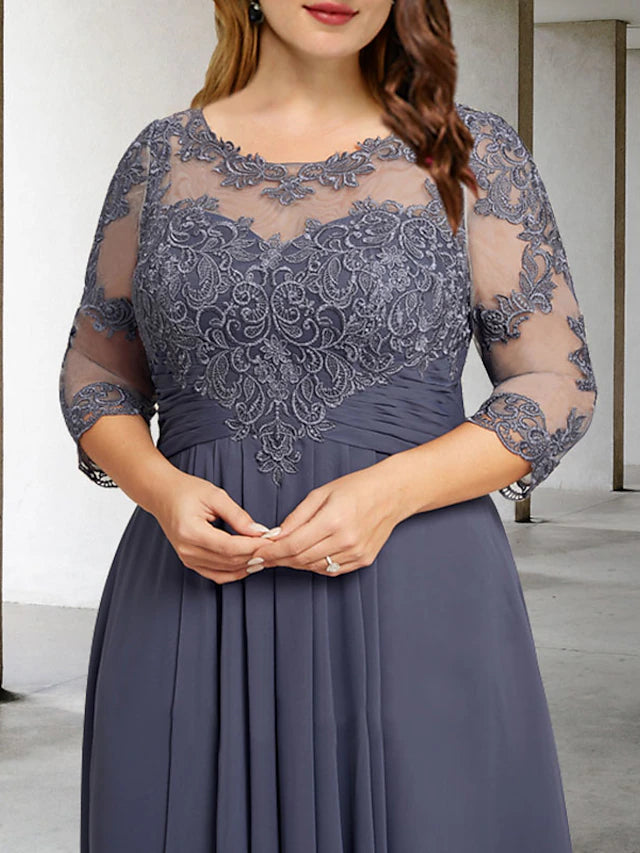 A-Linie, Übergröße, geschwungenes Kleid für die Brautmutter, elegantes Kleid, formell, asymmetrisch, 3/4-Ärmel, Rundhalsausschnitt, Chiffon mit Falten, gerüschten Applikationen